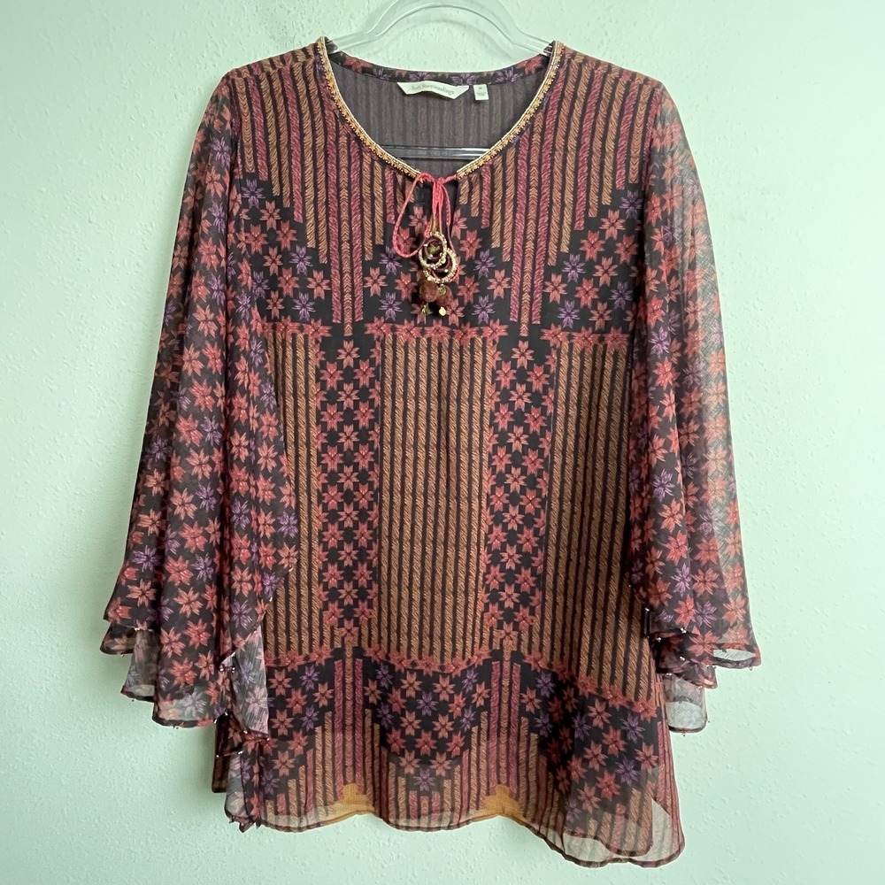Soft‎ Surroundings Tunic Women M Burgundy Sheer Beaded Boho Peasant Artisan